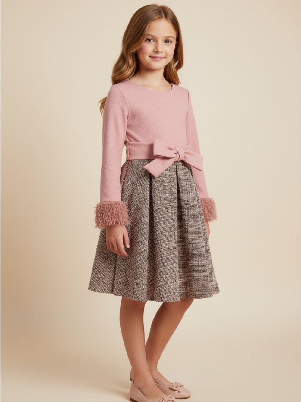 Bonnie Jean Pink Bow-Front Long Sleeve Dress